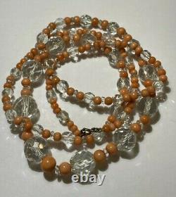 Vintage Long Graduated Carved Coral Faceted Crystal Glass Bead 31 Necklace DE 3