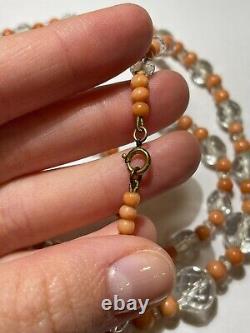 Vintage Long Graduated Carved Coral Faceted Crystal Glass Bead 31 Necklace DE 3