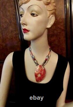 Vintage Massive Red Shell Pendant Necklace Coral Beads Ethnic Tribal -Superb