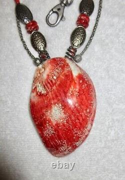 Vintage Massive Red Shell Pendant Necklace Coral Beads Ethnic Tribal -Superb
