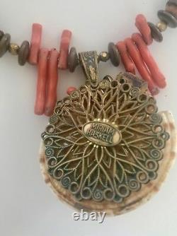 Vintage Miriam Haskell Coral, Sundial Sea Shell Gold Bead & Wood Choker Necklace