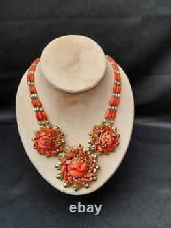 Vintage Miriam Haskell Faux Coral Gripoix Glass Bead and Pearl Necklace
