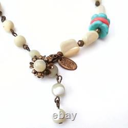 Vintage Miriam Haskell Glass Necklace Flower Beads Coral Teal