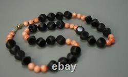 Vintage Modernist Cubic Beads Black Onyx Salmon Coral Necklace Vermeil Silver