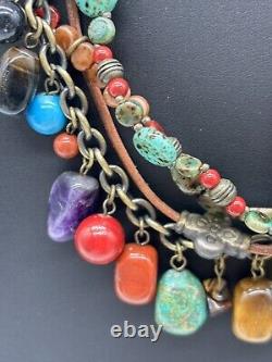 Vintage Multi-Colored Gemstone Necklace Turquoise Coral Amethyst Antique Gold