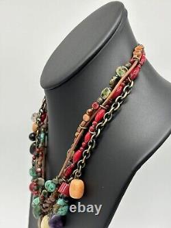 Vintage Multi-Colored Gemstone Necklace Turquoise Coral Amethyst Antique Gold
