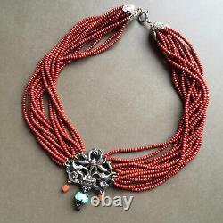 Vintage Multi Strand Coral Bead 16 Necklace / Indonesian Yogya Silver Pendant