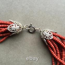 Vintage Multi Strand Coral Bead 16 Necklace / Indonesian Yogya Silver Pendant