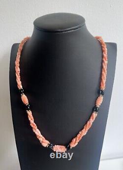 Vintage Multi Strand Obsidian & Carved Shou Bead Momo Pink Coral Necklace 23.25