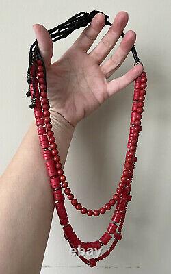 Vintage Multi Strand Oxblood Red Coral Polished Bead Graduated 3 Strand Necklace