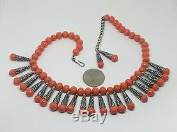 Vintage Napier Egyptian Revival Silver Tone Coral Glass Beads Necklace Earrings