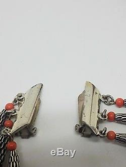 Vintage Napier Egyptian Revival Silver Tone Coral Glass Beads Necklace Earrings