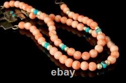 Vintage Native American Coral Turquoise Pearl Beads Sterling Kachina Necklace Br