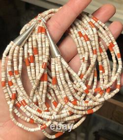 Vintage Native American Navajo 9 Strand Coral & Shell Heishi Bead Necklace