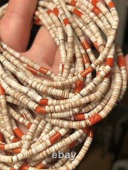 Vintage Native American Navajo 9 Strand Coral & Shell Heishi Bead Necklace