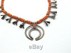 Vintage Native American Silver Coral Bead Small Squash Blossom Necklace, 17 1/2