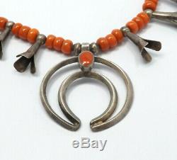 Vintage Native American Silver Coral Bead Small Squash Blossom Necklace, 17 1/2