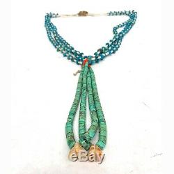 Vintage Native American Turquoise 3 strand Heishi Bead MOP Coral Jacla Necklace