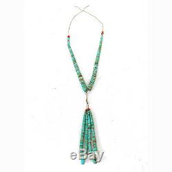 Vintage Native American Turquoise Heishi Bead & Red Coral Jacla Necklace
