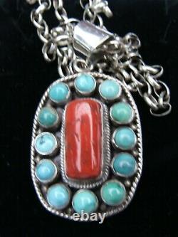 Vintage Native Navajo Coral Turquoise Sterling Silver 925 Necklace