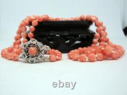 Vintage Natural Angel Skin Coral (Momo) Necklace Silver Marcasite Coral Clasp