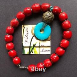 Vintage Natural Chunky Deep Red Coral Beads Turquoise Bali Silver Ball Necklace