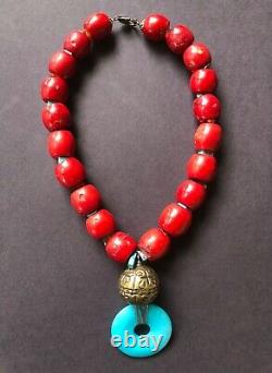 Vintage Natural Chunky Deep Red Coral Beads Turquoise Bali Silver Ball Necklace
