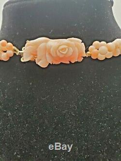 Vintage Natural Pink Coral Beads Multi Strand Necklace WithFloral Carved Closure