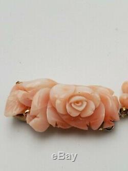 Vintage Natural Pink Coral Beads Multi Strand Necklace WithFloral Carved Closure