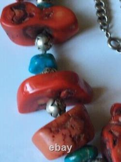 Vintage Natural Raw Rad Coral And Turquoise And Silver Necklace 52cm Long