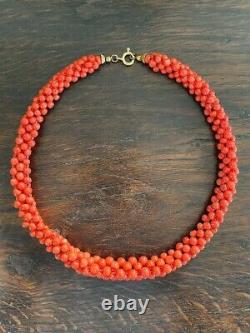 Vintage Natural Red Coral Art Deco Style Round Woven Beaded Necklace