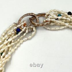 Vintage Natural Seed Pearl 5 String Necklace Lapis Jet Turquoise Coral Malachite