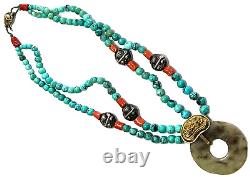 Vintage Natural Turquoise Natural Coral Natural Agate Silver Necklace