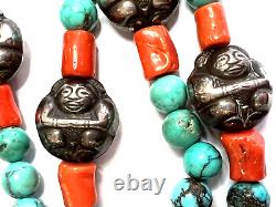 Vintage Natural Turquoise Natural Coral Natural Agate Silver Necklace