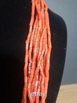 Vintage Navajo Heishi Mediterranean Coral Sterling Bench Bead 10 Strand Necklace