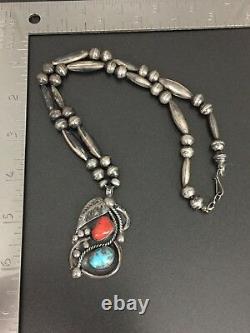 Vintage Navajo Indian Sterling Silver Turquoise Coral Bead Necklace