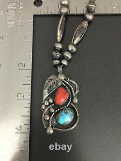 Vintage Navajo Indian Sterling Silver Turquoise Coral Bead Necklace