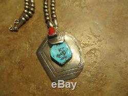 Vintage Navajo PHIL CHAPO Sterling Silver KINGMAN Turquoise CORAL Bead Necklace