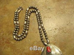 Vintage Navajo PHIL CHAPO Sterling Silver KINGMAN Turquoise CORAL Bead Necklace