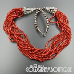 Vintage Navajo Santo Domingo Sterling Silver Coral Beads 10 Strands Necklace 31