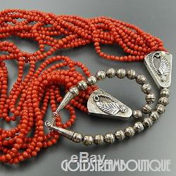 Vintage Navajo Santo Domingo Sterling Silver Coral Beads 10 Strands Necklace 31