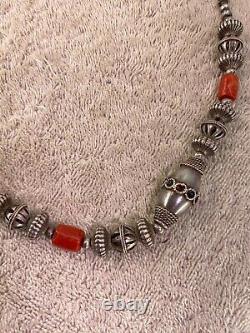 Vintage Navajo Solid Silver Coral & Enamel Beaded Large 20 Chunky Necklace