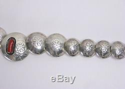 Vintage Navajo Sterling Silver Coral Stamped Pillow Bead Disc 26 Necklace 71g