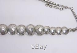 Vintage Navajo Sterling Silver Coral Stamped Pillow Bead Disc 26 Necklace 71g