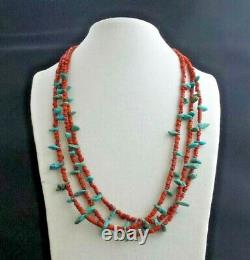 Vintage Navajo Sterling TURQUOISE & CORAL Nugget Bead Necklace 22 1/4
