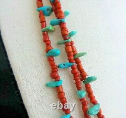 Vintage Navajo Sterling TURQUOISE & CORAL Nugget Bead Necklace 22 1/4