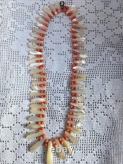 Vintage Necklace Art Deco Beaded Mother Of Pearl & Coral Bib Necklace 18 70g