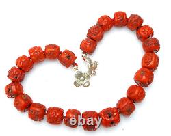 Vintage Necklace Statement Carved Beaded Red Coral Asian Shou Sterling Silver