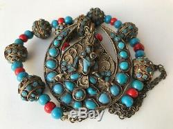 Vintage Nepal Tibet Carved Goddess Pendant Necklace Coral Turquoise Trade Beads