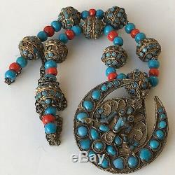 Vintage Nepal Tibet Carved Goddess Pendant Necklace Coral Turquoise Trade Beads
